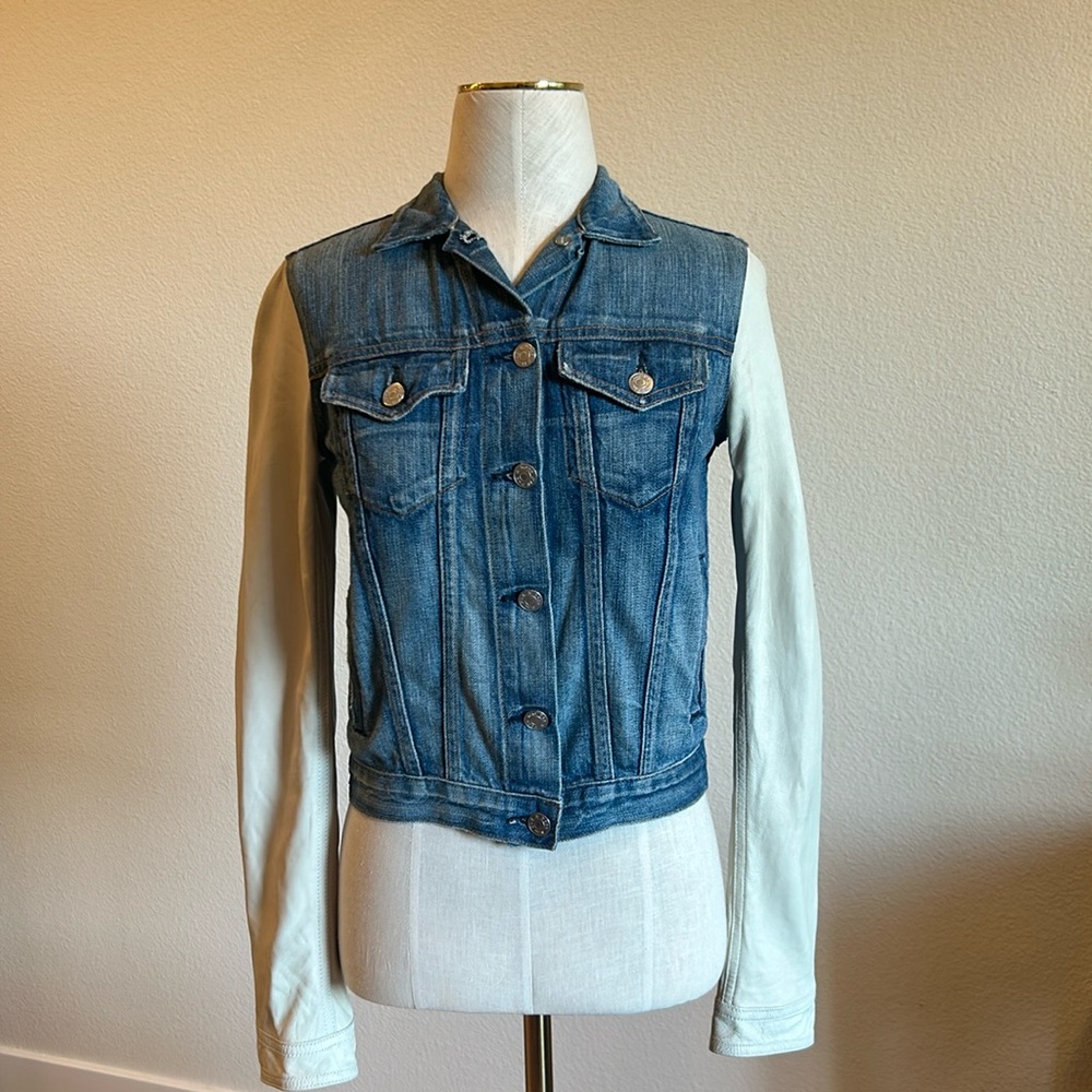 Rag & Bone Jean Jacket. Long Off White Leather sleeves.
